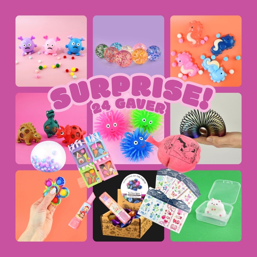 Squishies, fidgets og dimseting i kasse med 24 gaver til pige fra Nordic Simply
