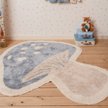 Gulvtæppe med blå svamp blå, økologisk bomuld, blødt og hyggeligt legetæppe formet som en svamp, smukt på børneværelset.