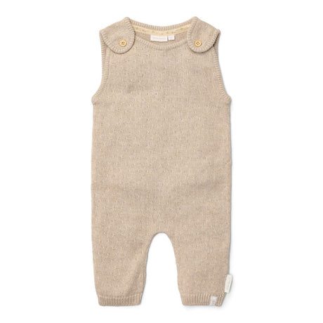 Strikket beige heldragt til baby uden ærmer, med lange ben, blød bomuld fra Little Dutch
