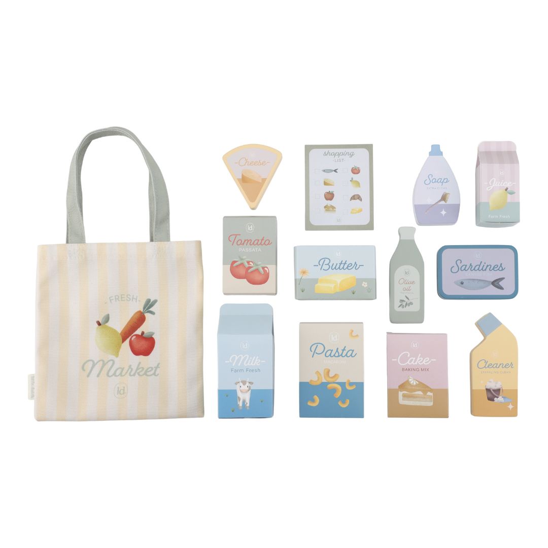 Madvarer og taske til indkøbsvogn fra Little Dutch - perfekt til at lære om dagligvarer og indkøb.