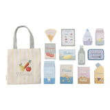 Madvarer og taske til indkøbsvogn fra Little Dutch - perfekt til at lære om dagligvarer og indkøb.