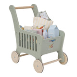 Indkøbsvogn i træ fra Little Dutch fyldt med legevarer til sjov rolleleg og butiksleg.