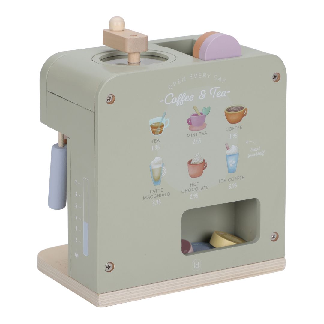 Kaffemaskine med flot udstyr | Træ FSC, legetøjs-kaffemaskine til fantasi og rolleleg.