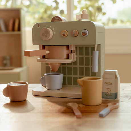 Kaffemaskine med flot udstyr | Træ FSC, legetøjs-kaffemaskine til børn med farvede kopper og tilbehør.