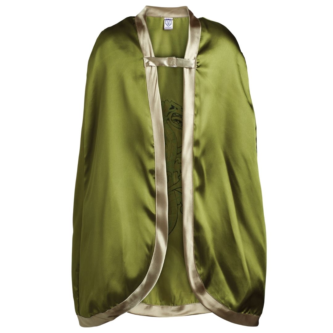 Grøn kappe med drage. Flot skinnende dragekappe til barn, fås hos Nordic Simply