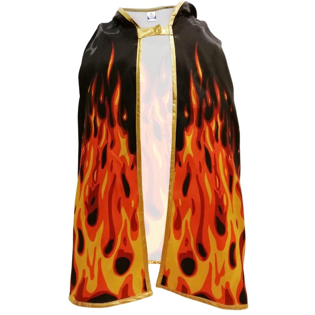 Sort kappe med orange flammer, hætte og guldkanter. Flammekappe til dramatik, rolleleg og udklædning fra LionTouch, fås hos Nordic Simply
