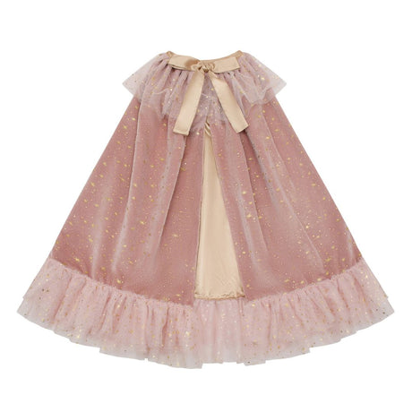 Lang rosa kappe i fed velour med guldstjerner, tyl foroven og neden og bindebånd i guld. Magisk kappe til barn 3-8 år i høj kvalitet fra Mimi & Lula. 