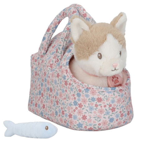 Kat bamse, Marley med taske og tilbehør - sød plyskat i blomstertaske, klar til eventyr med en fisk.