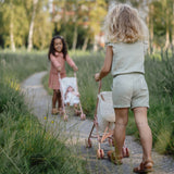 to piger går tur på sti med dukker i smukke dukke klapvogne med rosa håndtag og fint blomstermotiv