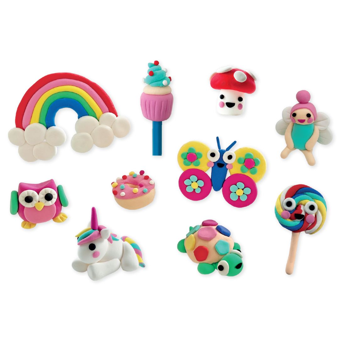 Lege ler hærder selv | Eventyr, farverige figurer som regnbue, fe, og unicorn lavet af selvhærdende ler.