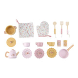 Legekøkken rosa med tilbehør fra Little Dutch. Her ses alle dele, der følger med legekøkkenet i FC træ