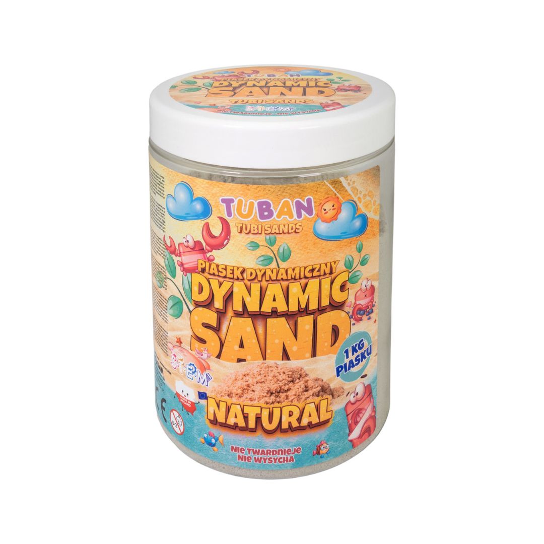 Naturfarvet legesand i rund bøtte fra Tuban. Dynamic sand til sanseleg