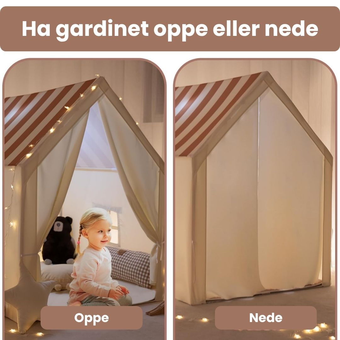 Legetelt stort, beige med stribet tag - illustration af gardiner oppe og nede.