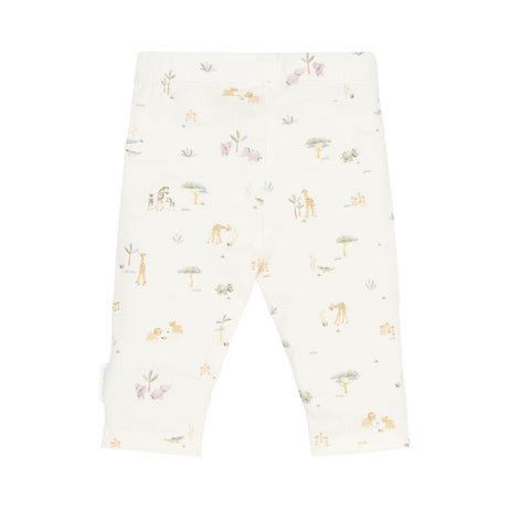 Hvide leggings til baby med små motiver af safari og dyr fra savannen, blød økologisk bomuld fra Little Dutch, her set bagfra.