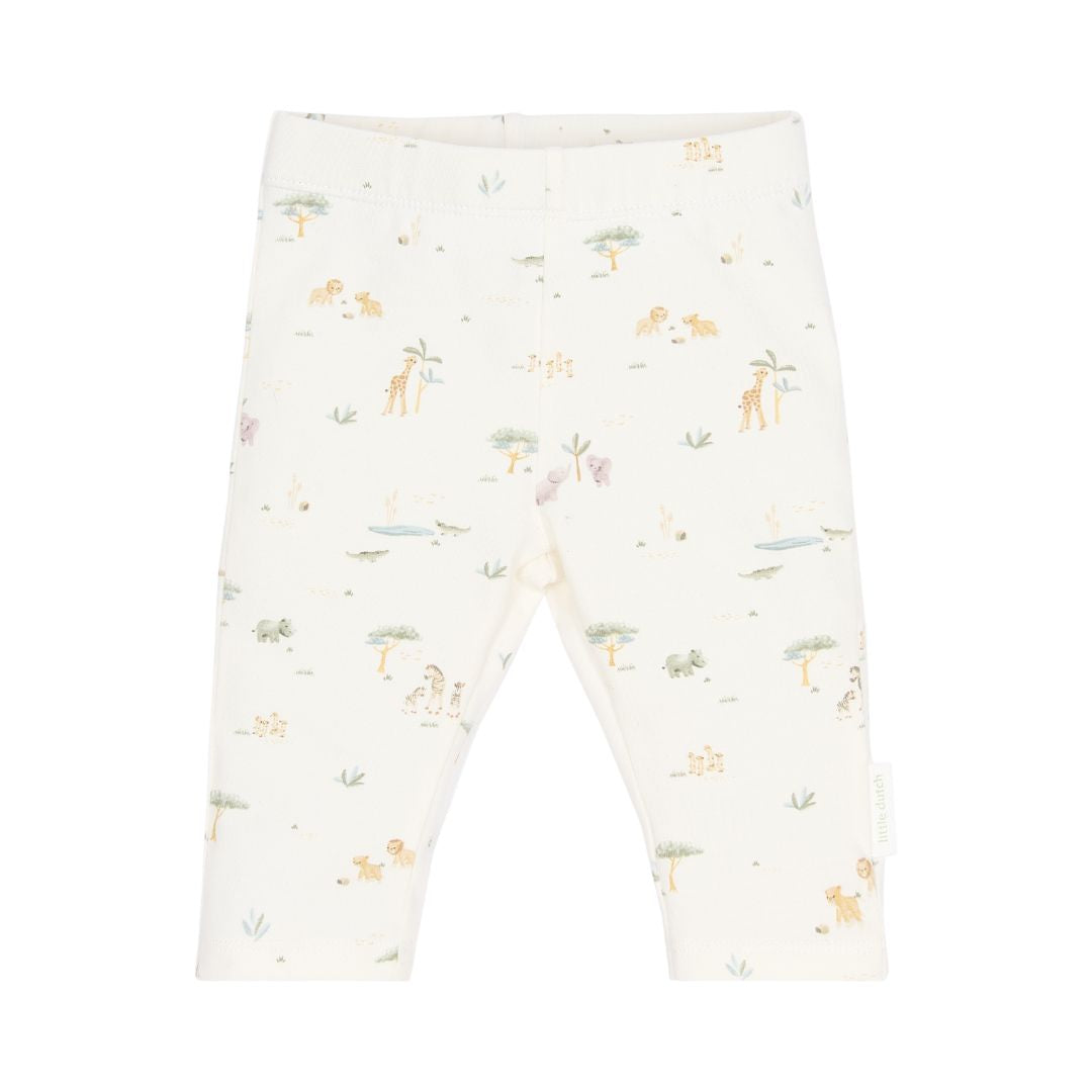 Hvide leggings til baby med små motiver af safari og dyr fra savannen, blød økologisk bomuld fra Little Dutch.
