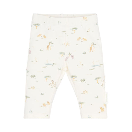 Hvide leggings til baby med små motiver af safari og dyr fra savannen, blød økologisk bomuld fra Little Dutch.