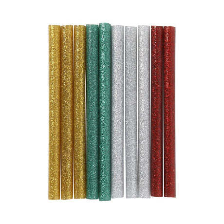 10 stk limstænger med glitter i guld, grøn. sølv og rød. Måler 10 cm l og 7 mm ø. Passer til limpistol mini.