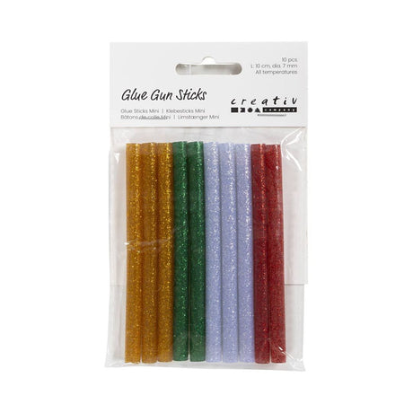 10 stk limstænger med glitter i guld, grøn. sølv og rød, set i indpakning. Måler 10 cm l og 7 mm ø. Passer til limpistol mini.