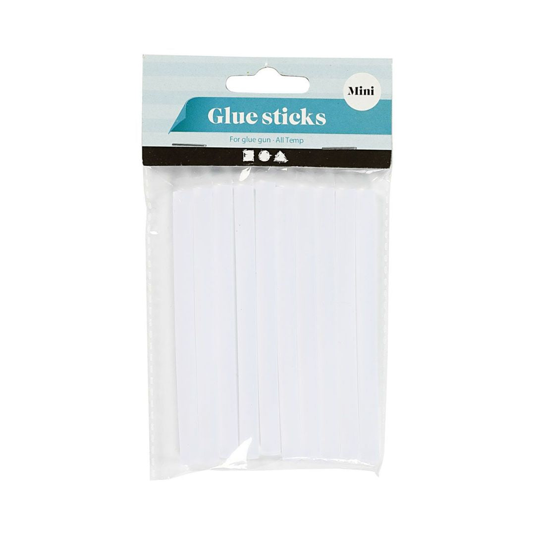 10 stk limstænger i klar transparent, set i indpakning. Måler 10 cm l og 7 mm ø. Passer til limpistol mini.
