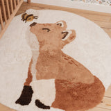 Gulvtæppe med ræv, rundt beige legetæppe i økologisk bomuld med sød ræv og lille bi på næsen, ideelt til baby- og børneværelset