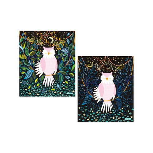 Two colorful night-themed designs featuring a pink owl amidst vivid foliage and stars, perfect for a child's room decoration.