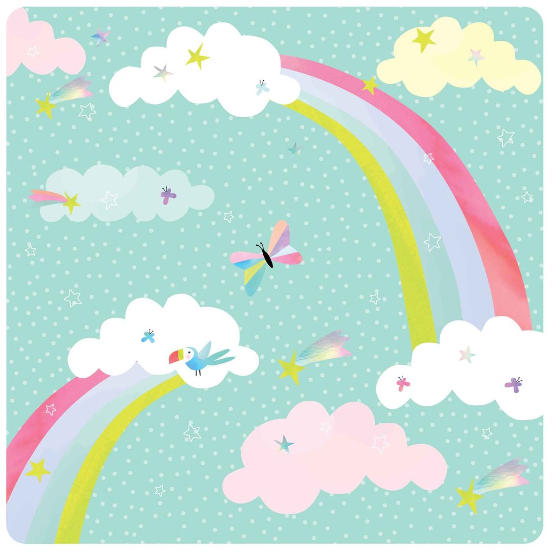 Magnetisk spil 4 i 1 | Fantasi - farverig illustration med regnbuer, skyer og stjerner.