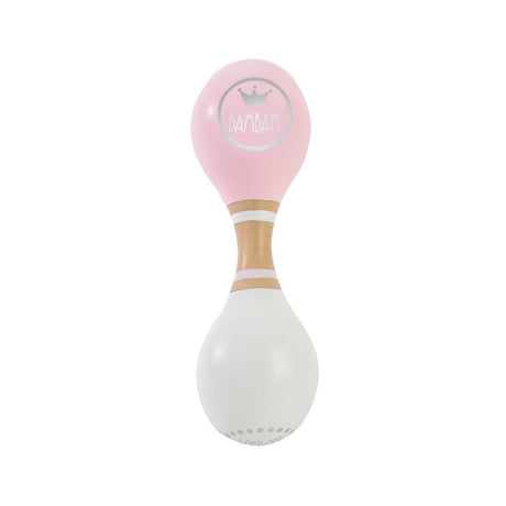 Rosa og hvid maracas i træ fra BamBam med rundt BamBam logo. Dejligt lille instrument til barn fra 18 måneder, fås hos Nordic Simply.