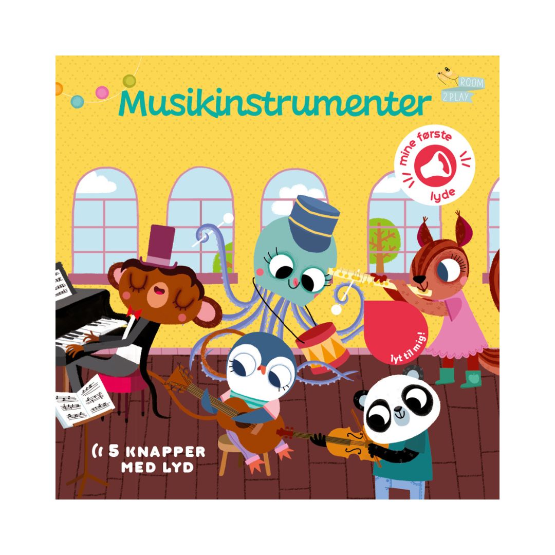 Pegebog med musikinstrumeter og 5 knapper med lyd, gul forside med dyr, der spiller musik. 