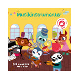 Pegebog med musikinstrumeter og 5 knapper med lyd, gul forside med dyr, der spiller musik. 