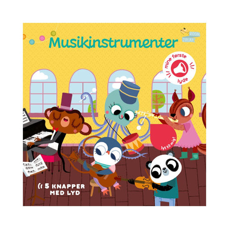 Pegebog med musikinstrumeter og 5 knapper med lyd, gul forside med dyr, der spiller musik. 