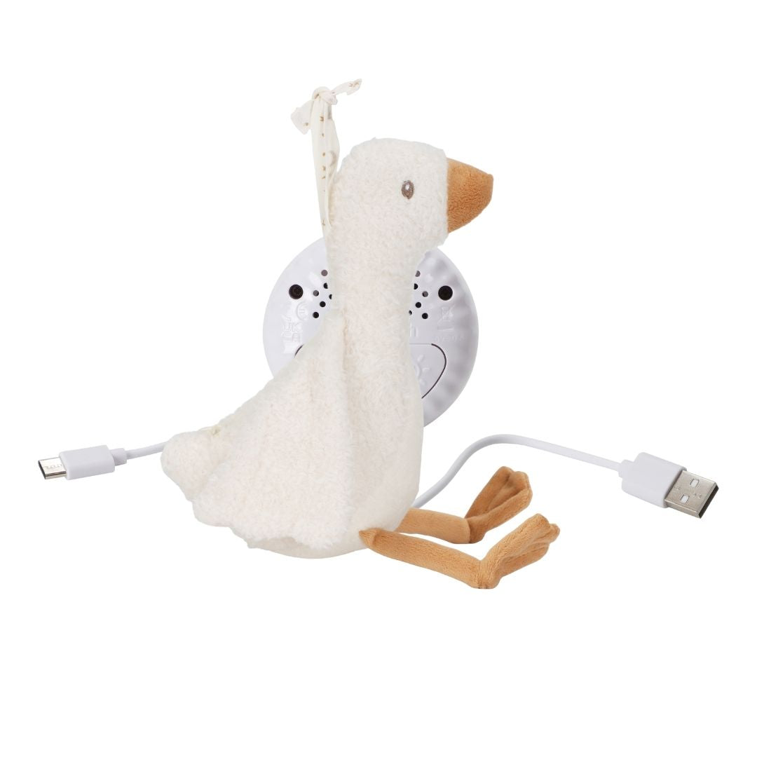 Blød gås bamse med natlys i maven og lyd af hjerteslag, en sød gås med lys og lyde, perfekt til kram og tryghed.