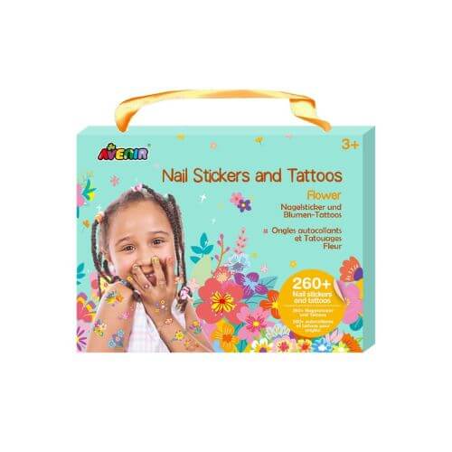 Colorful nail stickers and flower tattoos set for kids, perfect for creative play and decorating nails.