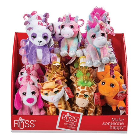 Farverige nøgleringe med sjove og søde fantasidyr fra Russ Fun, perfekte til skoletasken.