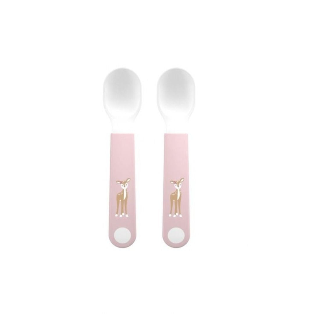 to børneskeer hvide med rosa håndtag, gode til grød og mos og lette at holde på for små hænder fra Mepal x Little Dutch.