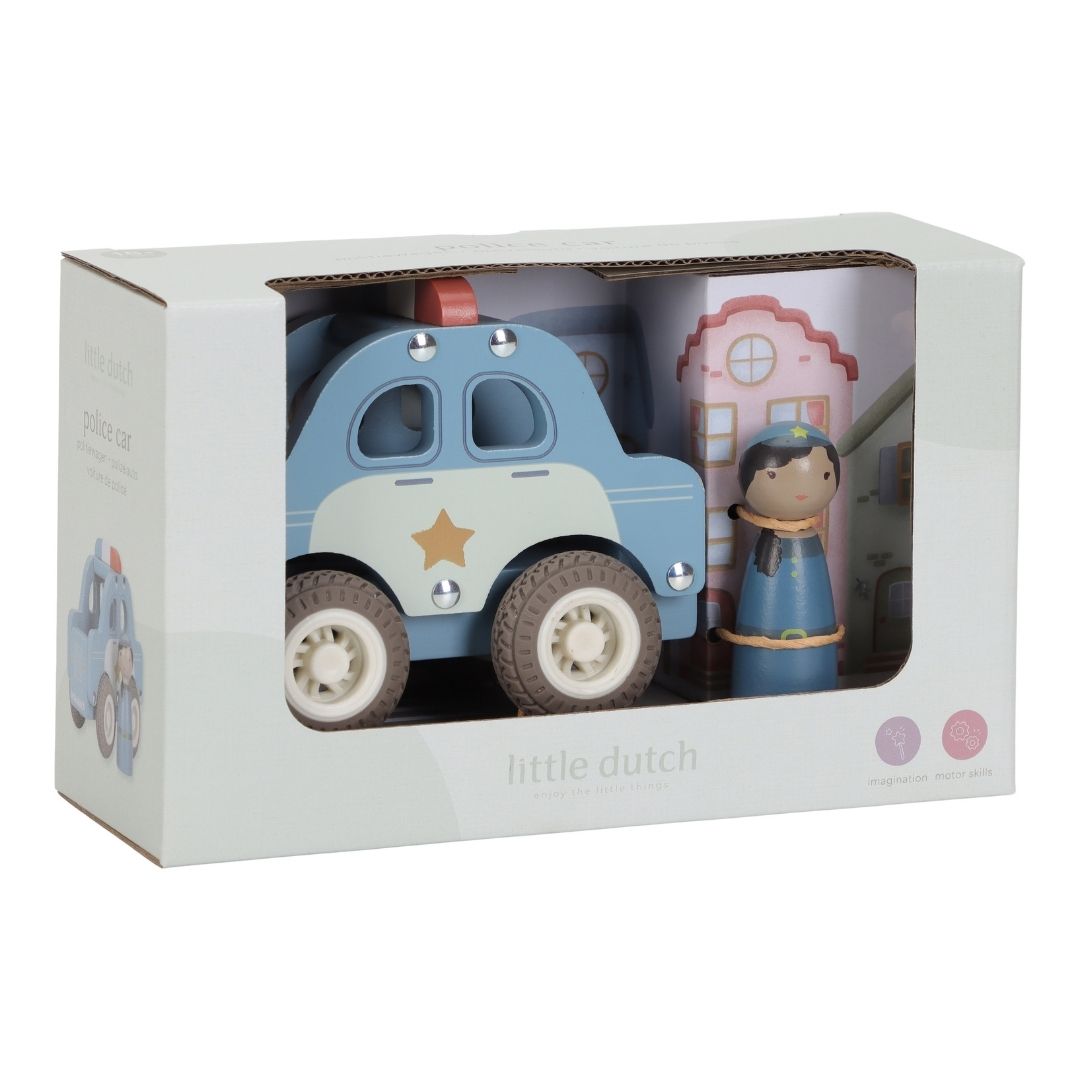 Politibil med træfigur fra Little Dutch, set i indpakning, perfekt til børn og rolleleg.