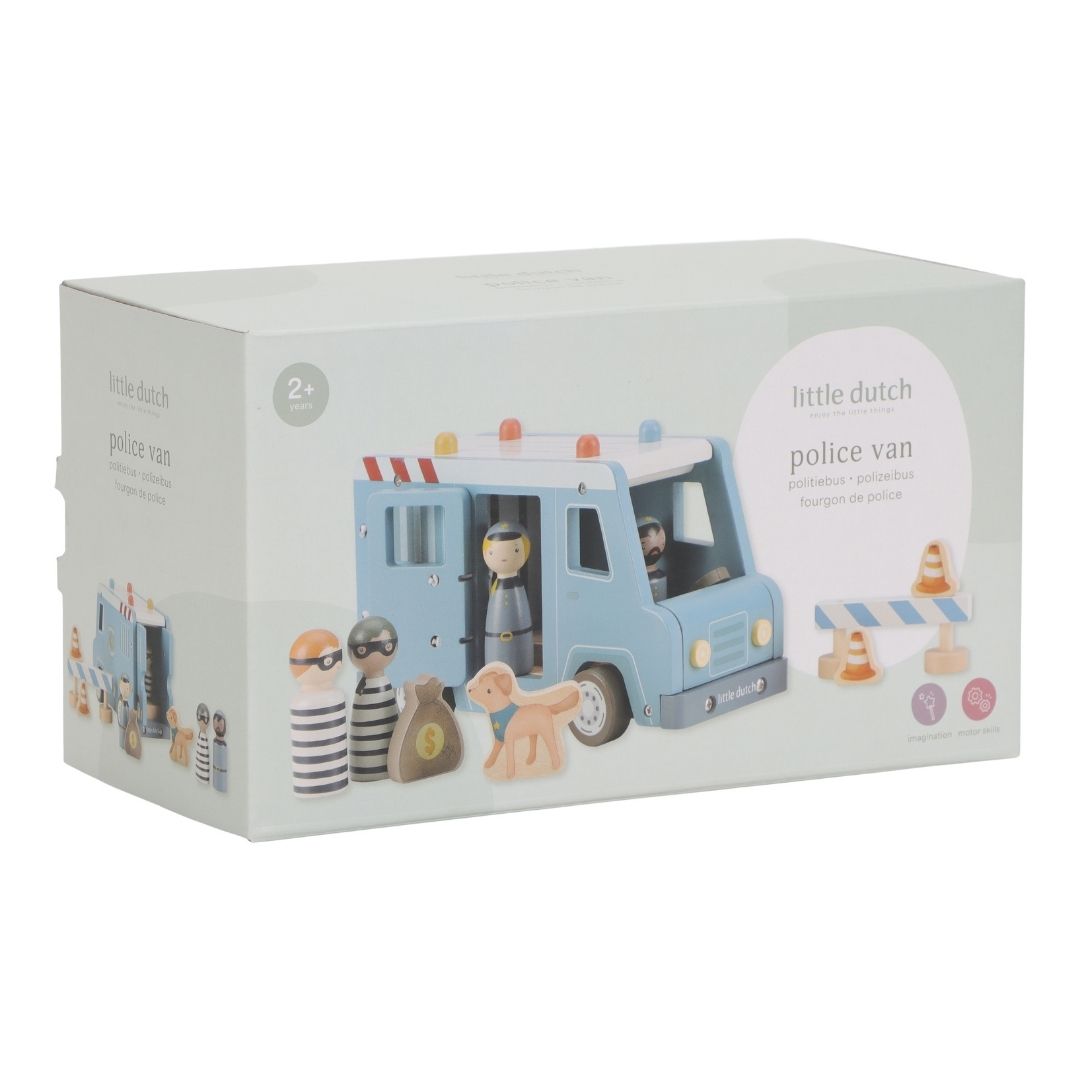 Politibil med træfigurer og hund i flot emballage fra Little Dutch