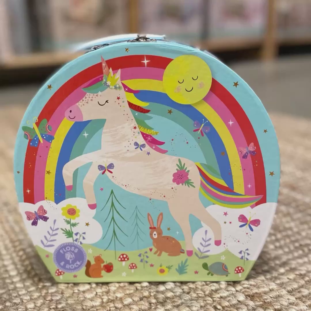 tesæt i rund kuffert med enhjørningemotiv, tekande med musk, bakke, underkopper og kopper, vist hos Nordic Simply