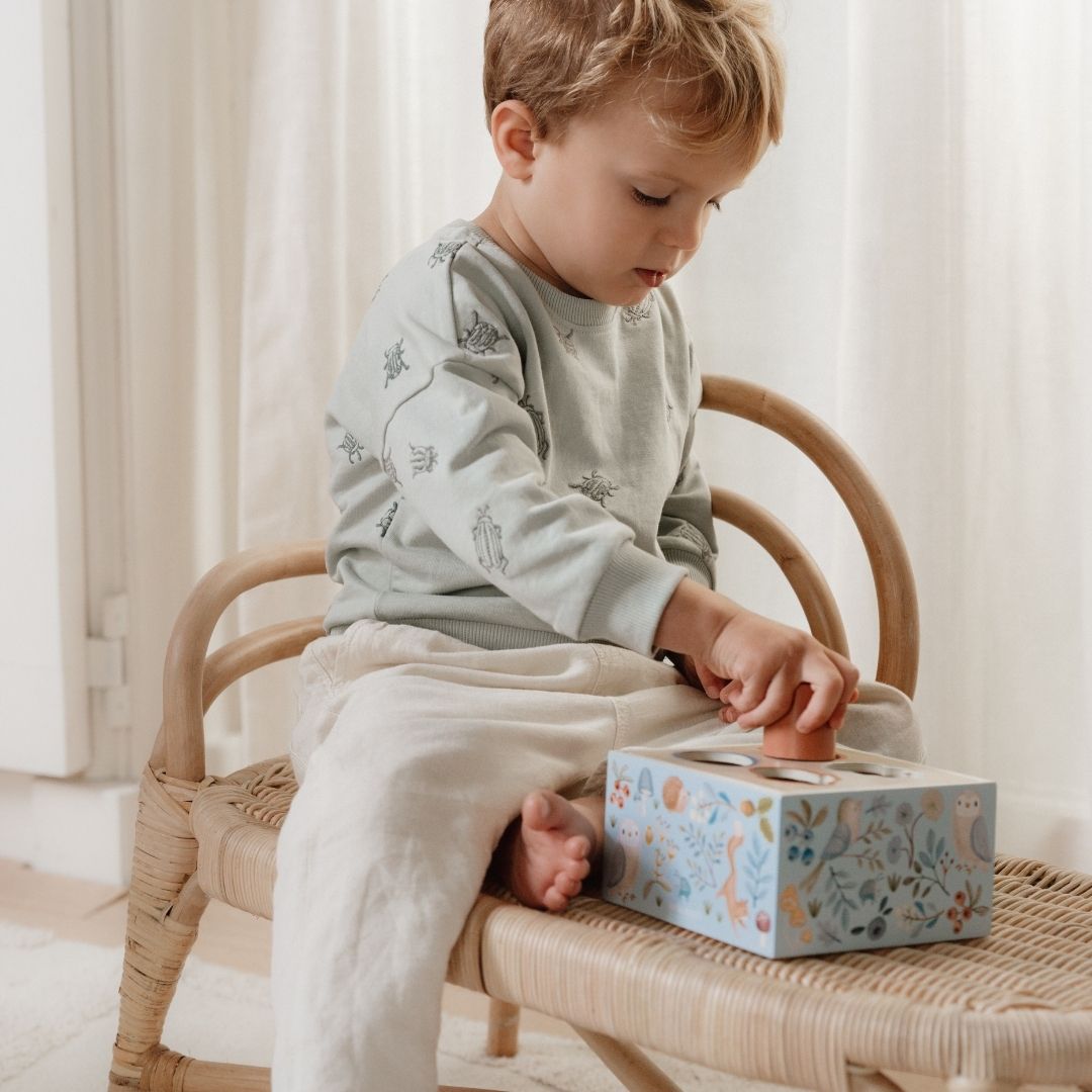 Dreng sidder på bænk i flet og leger med blå puttekasse med fire huller til figurer med skovens motiver, perfekt til sorterings og stableleg, fra Little Dutch
