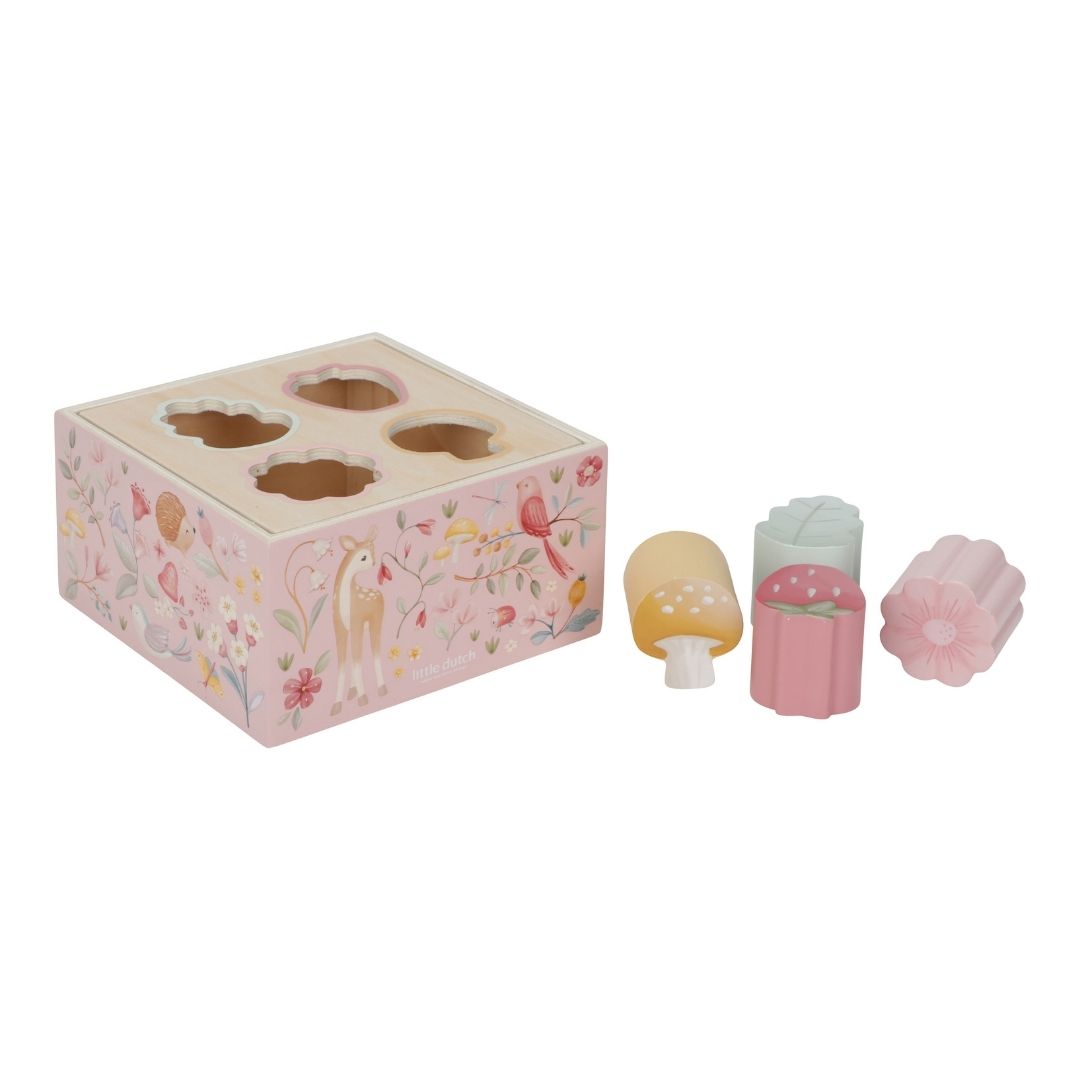 puttekasse rosa med fire huller til figurer med skovens motiver, perfekt til sorterings og stableleg, fra Little Dutch