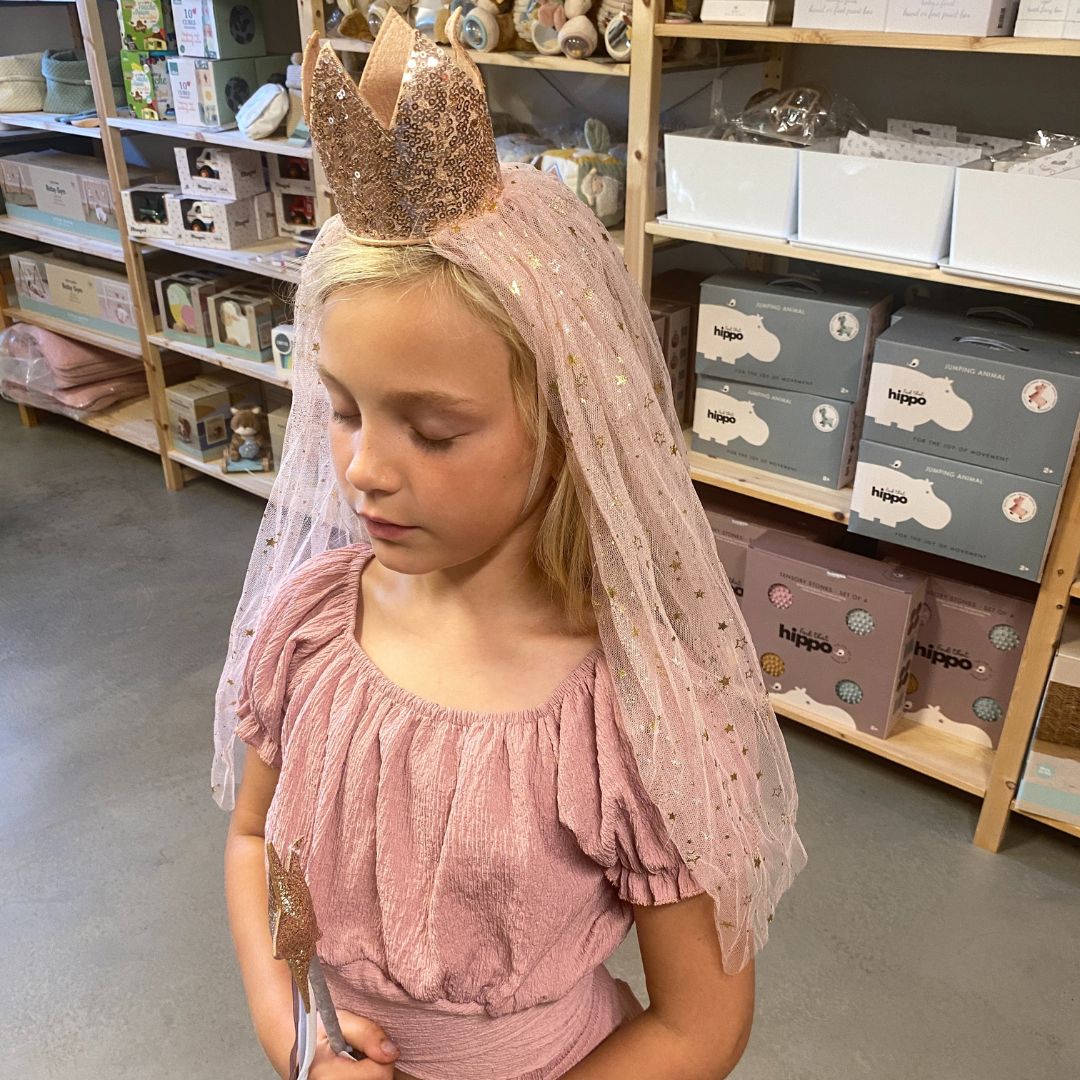 Pige i rosa kjole med rosa krone med slør og tryllestav i hånden fra Mimi & Lula, fås hos Nordic Simply