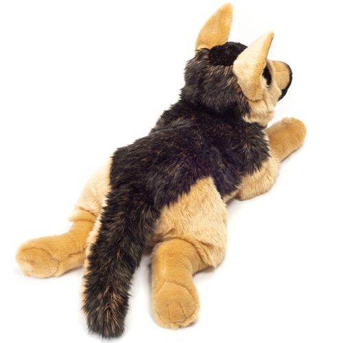 Stor Schäferhund bamse, der ligger, set bagfra, måler 60 cm, ligner ægte brun og sort Schafer, til leg og fantasi for børn 0-10 år fra Teddy Hermann fås hos Nordic Simply