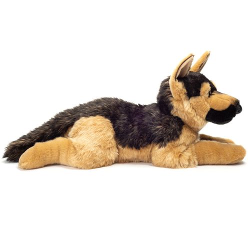 Stor Schäferhund bamse, der ligger, set fra siden, måler 60 cm, ligner ægte brun og sort Schafer, til leg og fantasi for børn 0-10 år fra Teddy Hermann fås hos Nordic Simply