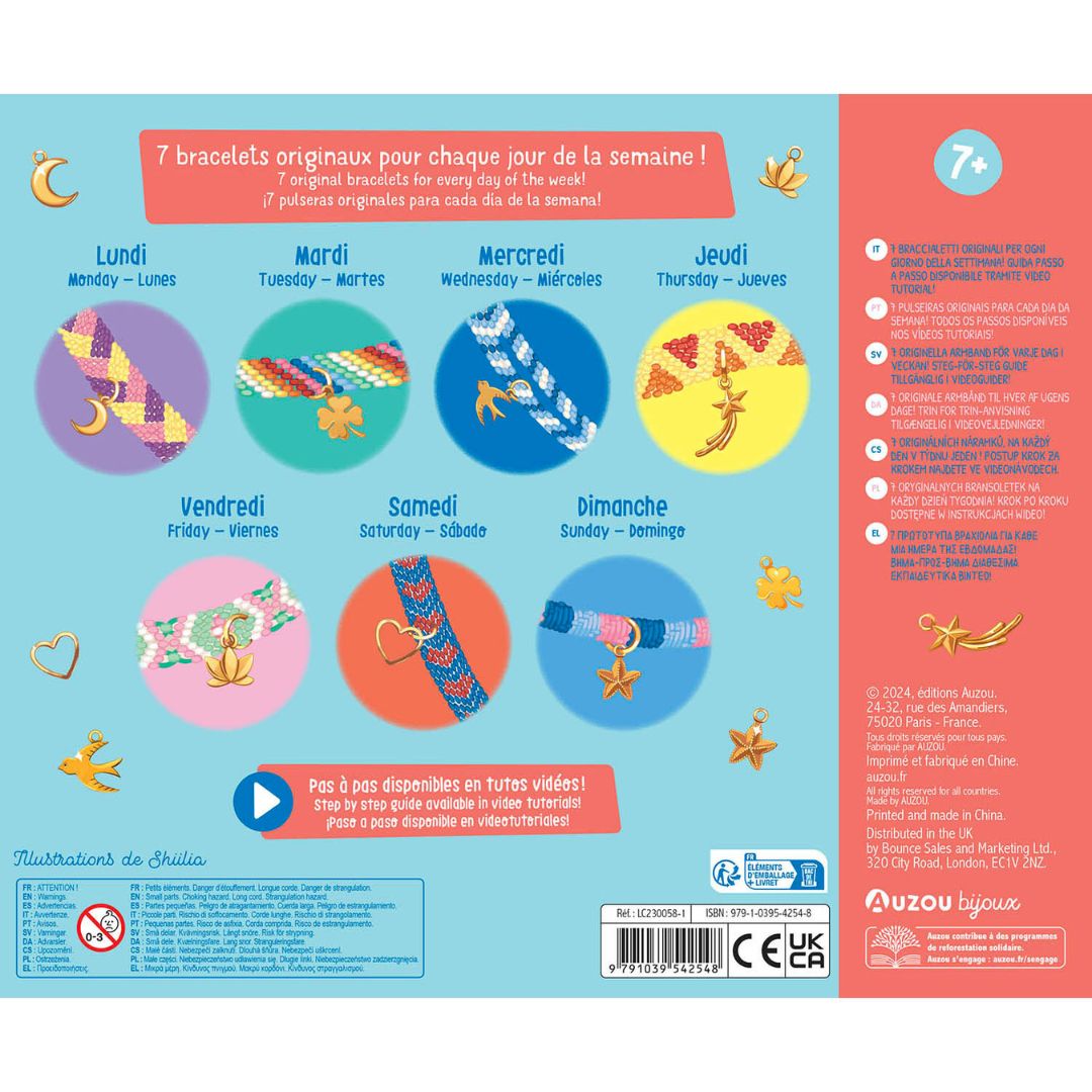 Smykkesæt - Skab 7 brasilianske armbånd med illustrationer af armbånd til hver ugedag, fra Auzou.