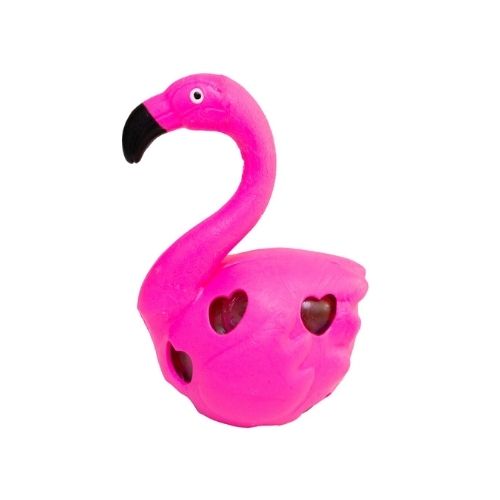 Pink squeeze flamingo med farverige hjerter til stressaflastning og leg.