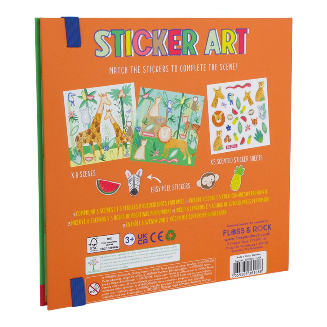 Sticker-art bog bagside. Farverig bog med klistermærker og søde jungle motiver, perfekt til kreativ leg.