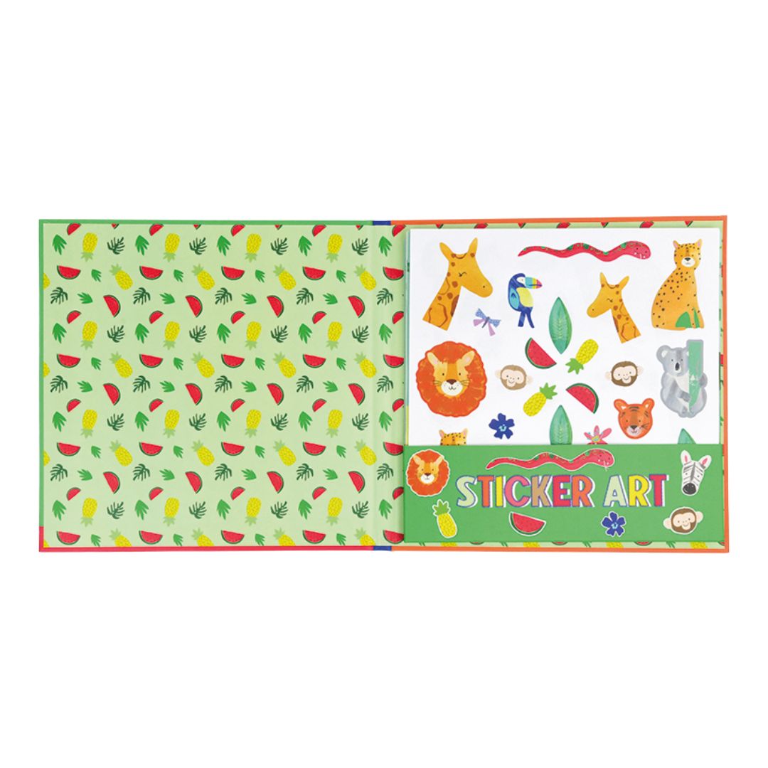 Sticker-art bog med jungle - Opslag med søde jungle motiver, perfekt til kreativ leg.