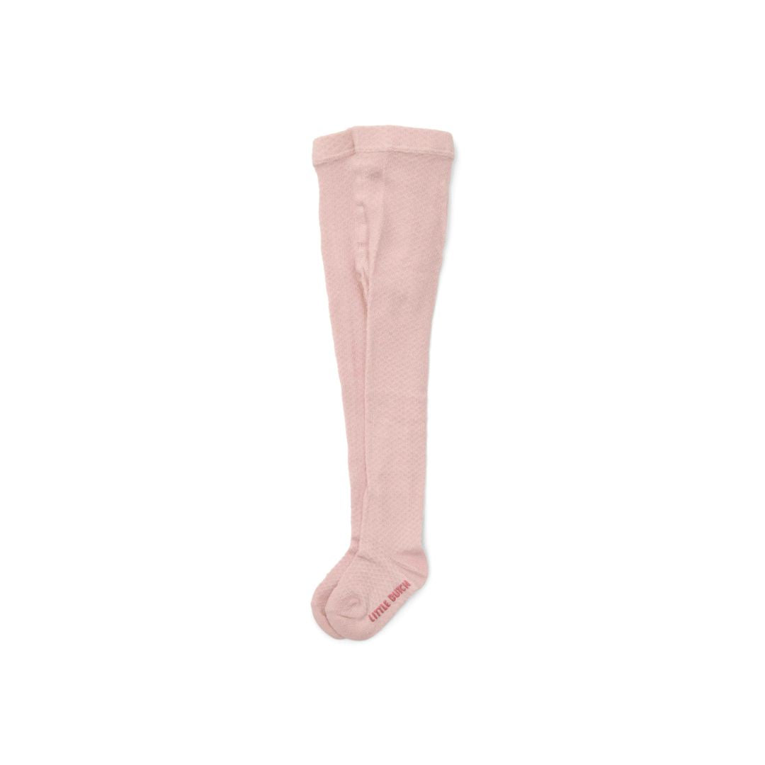 Et par rosa strømpebukser til baby, set på hvid baggrund.