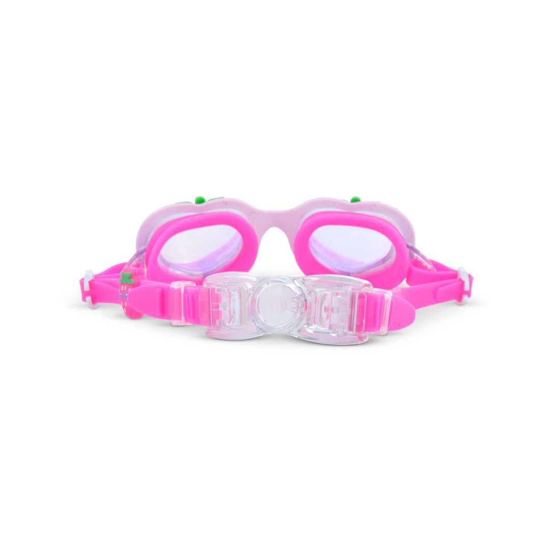 pink svømmebriller med glimmer og glas formet som jordbær fra Bling20, set bagfra med klik-lukning, nemme at få af og på.