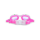 pink svømmebriller med glimmer og glas formet som jordbær fra Bling20, set bagfra med klik-lukning, nemme at få af og på.