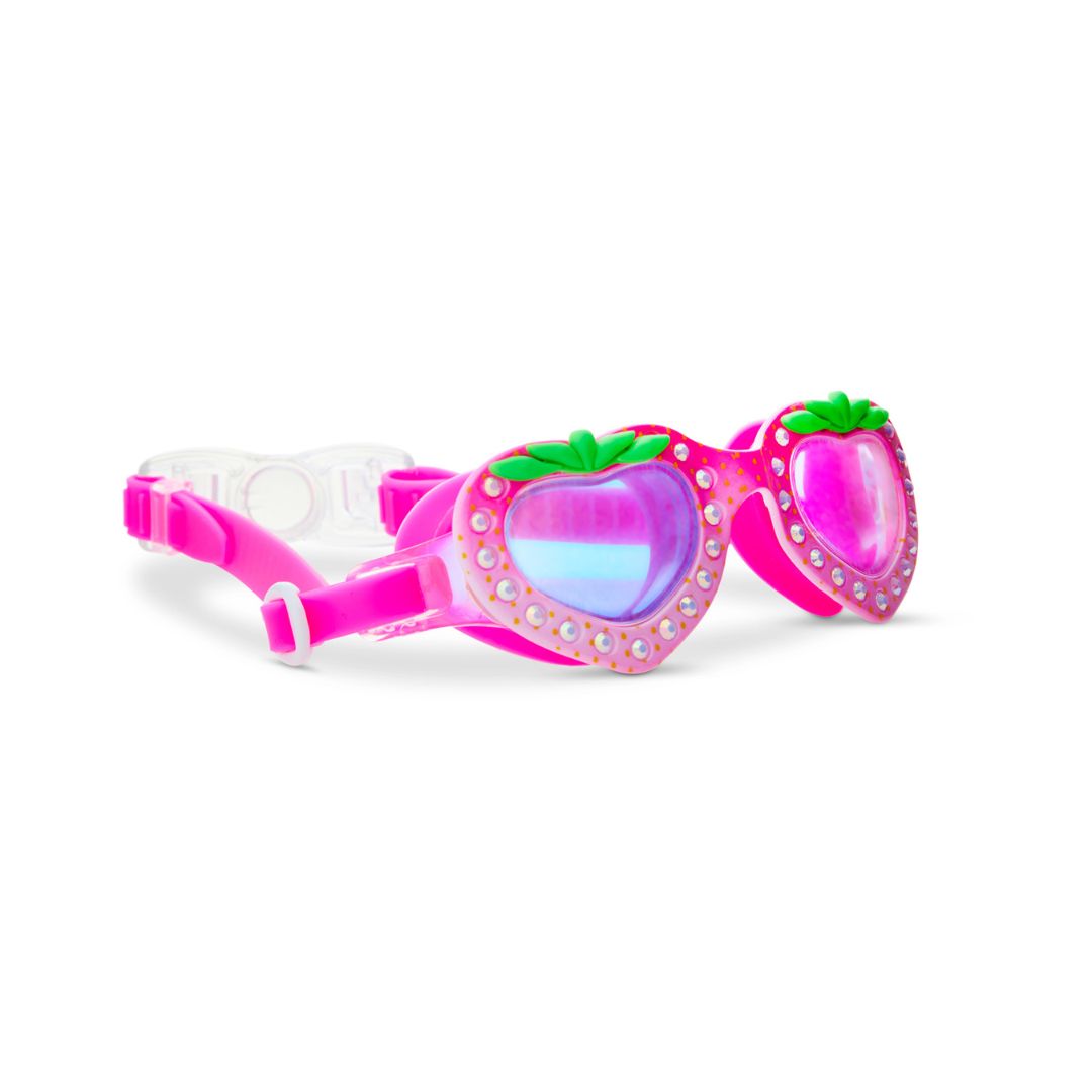 pink svømmebriller med glimmer og glas formet som jordbær fra Bling20, set fra siden.